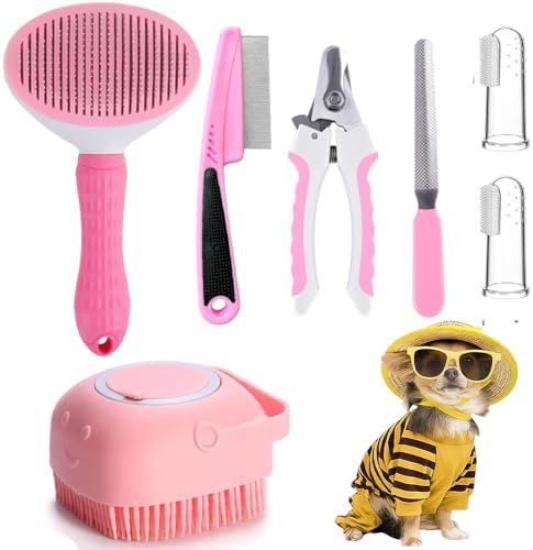 7 Pcs Cat Dog Brush Grooming Kits, Self-Cleaning Slicker Brush, Pet Nail Clipper and File, Flea Comb, Pet Shampoo Bath Brush, Pet Finger Toothbrush, Storage Bag (Pink) by Qubccum