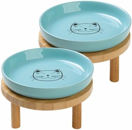 Lusifaco Shallow Wide Elevated Cat Bowls Whisker Fatigue (Blue,Set of 2) by MakesMealsMoreEnjoyable