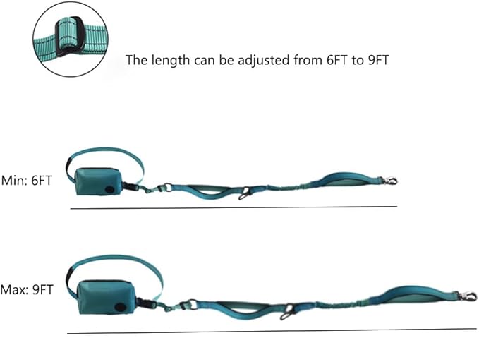 Hands Free Dog Leash for Large Medium Dogs Heavy Duty Bungee Reflective Adjustable Waist Leashes for Walking Running with Zipper Pouch 6-9FT (Green with 6-9FT)