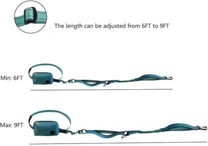 Hands Free Dog Leash for Large Medium Dogs Heavy Duty Bungee Reflective Adjustable Waist Leashes for Walking Running with Zipper Pouch 6-9FT (Green with 6-9FT)
