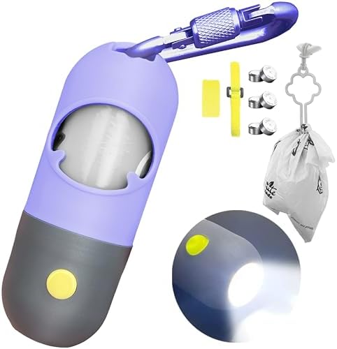 Dog Poop Bag Dispenser with Built-in LED Flashlight and Metal Clip for Leash, Pet Waste Bag Holder, Dog Walking Accessory (Purple) by Infinite+Node