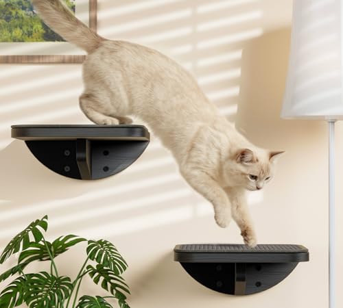 Grey Sisal-Padded Cat Wall Steps (2-Pack), Floating Wooden Cat Perch and Climbing Step Set, Wall Mounted Furniture for Jumping & Play - Image 2