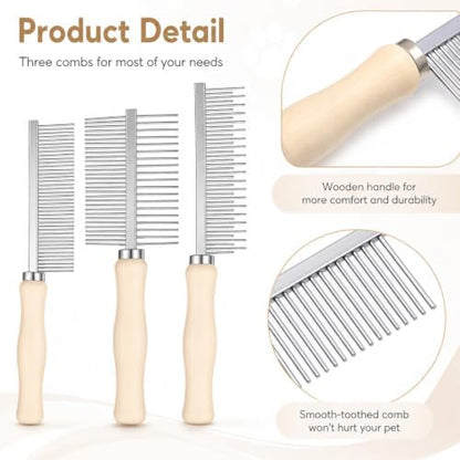 3 Pcs Metal Dog Grooming Comb with Wooden Handle for Grooming Matting - Image 3
