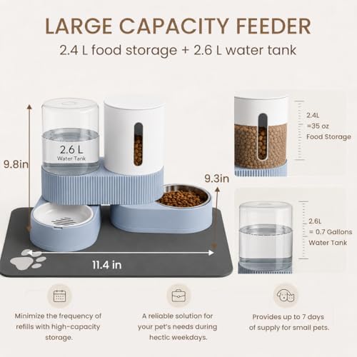 Gravity Cat Feeder 2 Pack Automatic Food Feeder Stainless Steel Water Dispenser Set 360 Degree Rotatable Pet Bowls with Silicone Mat for Cats Small Medium Dogs, Large Capacity(Blue) - Image 4