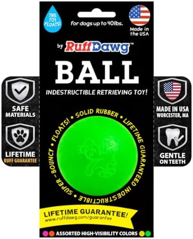 Ruff Dawg Indestructible Dog Ball Med 2.5” – Heavy-Duty Rubber Fetch Toy for Aggressive Chewers – Extreme Bounce, Floats, BPA & Latex Free – Made in USA, 1 Pack - Color Varies by RuffDawgDogToys
