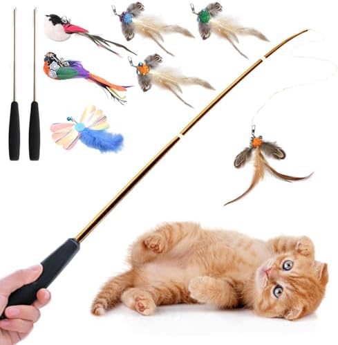 Interactive Cat Wand Toys Set, 2PCS Cat Teaser with 6 Replacement Birds, Feathers & Bells for Indoor Play by Aobvrey