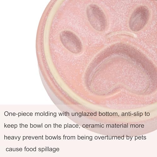 Ceramic Slow Feeder Bowl, 6.69 x 5.7 inches, Elevated Design with Paw Pattern, for Cats and Small Dogs (Pink) - Image 3