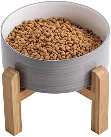 Elevated/Raised Dog Bowl Ceramic with Wood Stand for Small Medium Breed,Dog Food Water Dish Heavy, 6 in Non Slip Modern Cute Porcelain Pet Bowl Grey White by PetGettingMuchHeathier
