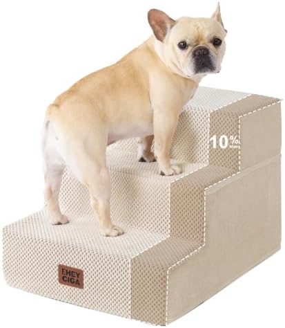 EHEYCIGA Dog Stairs 13.5" H, 3-Step Extra Wide Dog Steps, Beige by EHEYCIGA