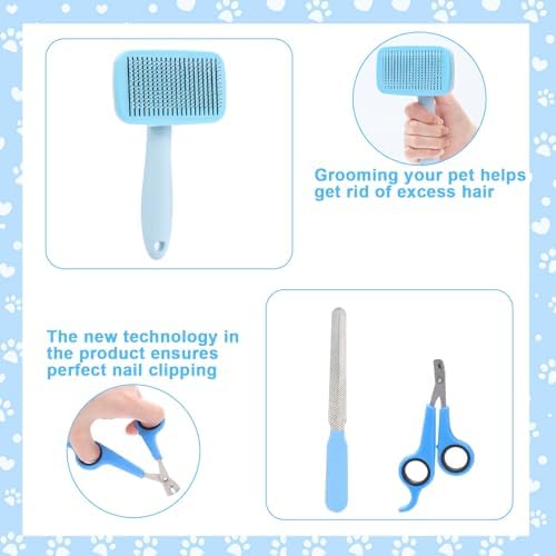 VCZONE 8 Pcs Dog Brush Grooming Kits, Includes Pet Nail Clipper and File, Flea Comb, Pet Shampoo Bath Brush, Pet Shedding Brush, Pet Dematting Comb, Silicone Toothbrush (Blue) - Image 5