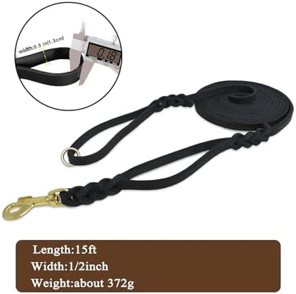 15ft Long Leather Dog Leash with Traffic Handle, Braided Leather Training Lead, Tieout for Yard, Double Handle Dog Leash for Small Medium Large Dogs Outdoor Hiking, Camping, Hunting Black - Image 4