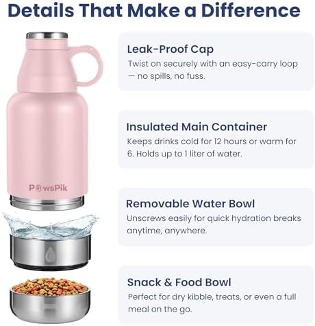 PawsPik 3-in-1 Travel Dog Water Bottle & Bowl Set, 32oz, Pink - Image 4