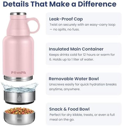 PawsPik 3-in-1 Travel Dog Water Bottle & Bowl Set, 32oz, Pink - Image 4