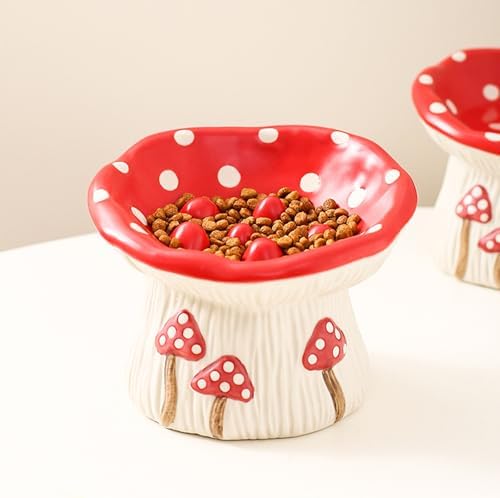 Elevated Ceramic Cat Bowls for Food & Water, Red Mushroom Cats Bowl with protruding Feet, Raised Height for Cats, Whisker Fatigue Shallow Food Dish - Image 4