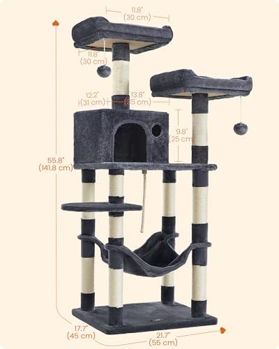Feandrea Cat Tree, 55.8-Inch Large Cat Tower, Multi-Level Condo, Smoky Gray - Image 7