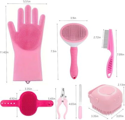8PCS Dog Bath Supplies Set，Dog Washing Gloves，Shampoo Brush, Shedding Slicker Brush，Complete Pet Grooming Kit for Dog&Cat and Small Animal Grooming(8PCS-Bath-Pink) - Image 2