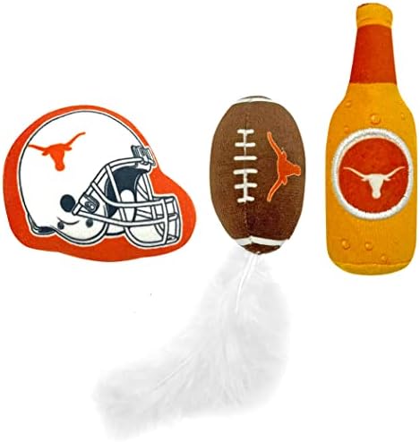 Best Plush CAT Toy - NCAA Texas Longhorns Complete Set of 3 piece Cat Toys Filled with Fresh Catnip. Includes: 1 Helmet Cat Toy, 1 Football Cat Toy with Feathers & 1 Beer Bottle. Beautiful Team Logos - Image 5