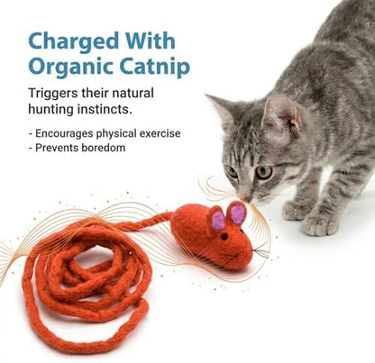 Glaciart One Felt Mouse Cat Toy – Soft Fuzzy Enrichment 100% Natural Wool - Interactive Catnip Play Cat Toy Set - Safe for Pets, Non-AZO Colored Dyes - 100” Long - Image 6