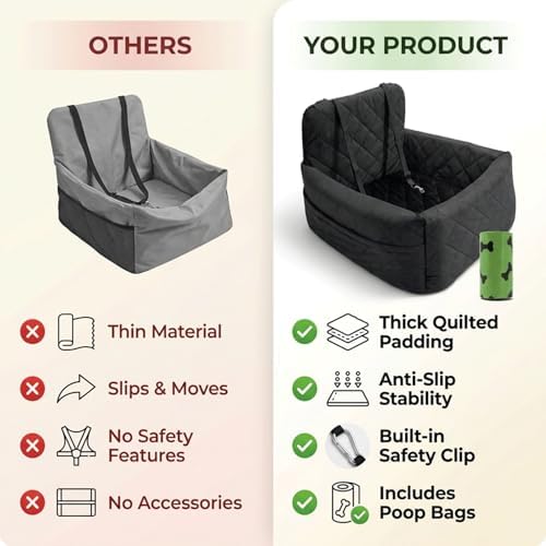 Dog Car Seat with 4 Poo Bag Rolls & Bowl – Booster Seat for Small & Medium Dogs, Detachable Washable Cover, Secure Buckles & Straps, Soft Cotton & Durable Polyester - Image 3