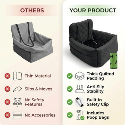 Dog Car Seat with 4 Poo Bag Rolls & Bowl – Booster Seat for Small & Medium Dogs, Detachable Washable Cover, Secure Buckles & Straps, Soft Cotton & Durable Polyester - Image 3