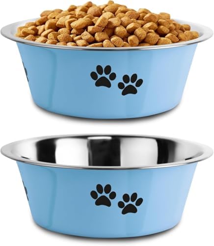 Stainless Steel Dog Bowls, Nonslip Rubber Bottom No Spill Proof Skid Metal Insulated Dog Bowls for Large Medium Small Breed Dogs (Blue, 8.5 Cups/71 OZ) by SOUXU