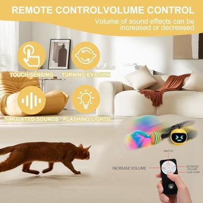 Electric Interactive Cat Feather Toy Ball for Indoor Cats,Turbo Tail Mouse Chase with LED Remote Control Cat Toy,Electric Automatic Moving Ball, Motion Activate Chirping Bird Sound Yellow - Image 3