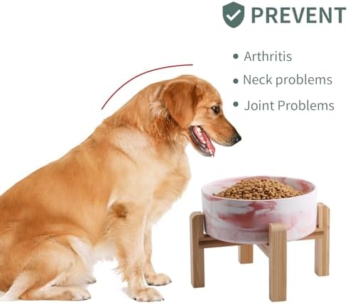 Elevated/Raised Dog Bowl Ceramic with Wood Stand for Small Medium Breed,Dog Food Water Dish Heavy, 6 in Non Slip Modern Cute Porcelain Pet Bowl Marble Pink - Image 2