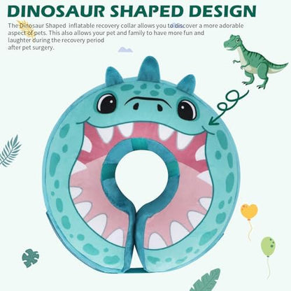 IEUUMLER Inflatable Recovery Dog Collar, Protective Donut Cone, Adjustable Soft Collar for Dog and Cat After Surgery Prevent from Biting & Scratching EU002 - Teal Dinosaur L+ - Image 5