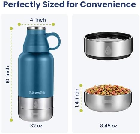 PawsPik 3-in-1 Travel Dog Water Bottle & Bowl Set, 32oz, Blue - Image 6