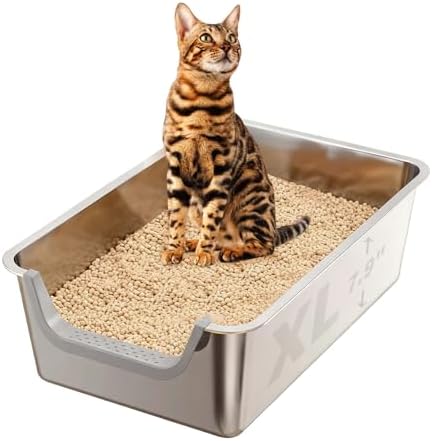 Stainless Steel Cat Litter Box, Steel Litter Pan with Curved Low Entry, Leak Proof 6 Inch High Side for Urine, Easy Entry for Kittens Older Cats, No Slip, 23.6" x 15.7" x 7.9", Grey by Unknown