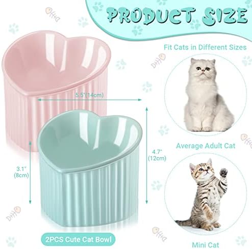 Mumufy 2 Pcs Ceramic Elevated Cat Bowls Tilted Elevated Raised Pet Bowls Anti Vomit Cat Dish for Indoor Stress Free Water Dish Feeder for Puppies, Heart Shaped(Macaron Blue, Pink) - Image 2