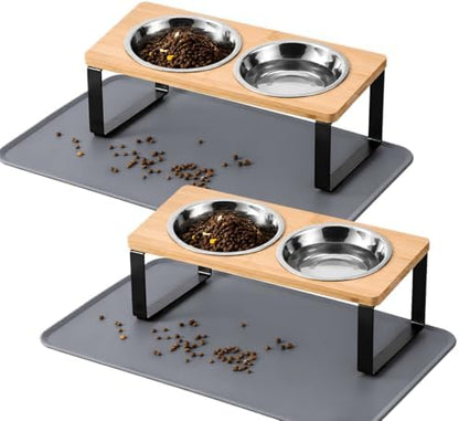 Summark 2 Pack Elevated Cat Bowls with Food Mat,15°Tilted Stand Anti Vomiting Raised Cat Dishes for Food and Water,2 Stainless Steel Bowls for Cats and Puppy by Summark