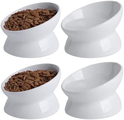 Elevated Ceramic Cat Bowl, 15° Tilted Raised Food & Water Dishes, Anti-Vomiting & Neck Protection Pet Feeder for Kittens, Small Dogs (5.2", White, 4pc Set) by KITCHENLESTARaddsmorebeautifulcolourstoyourlife