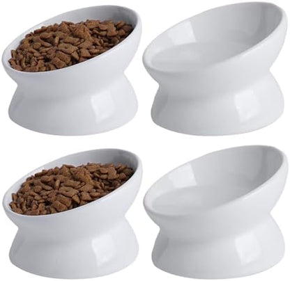 Elevated Ceramic Cat Bowl, 15° Tilted Raised Food & Water Dishes, Anti-Vomiting & Neck Protection Pet Feeder for Kittens, Small Dogs (5.2", White, 4pc Set) by KITCHENLESTARaddsmorebeautifulcolourstoyourlife