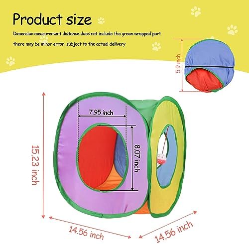 Andiker Cat Tunnel, Foldable Square Colorful Kitten Pop Up Tent Matches with Most Cat Tubes Polyester Kitten Tent with a Bell Ball 3 Holes Kitten Tubes to Hide Play (Square S) - Image 2