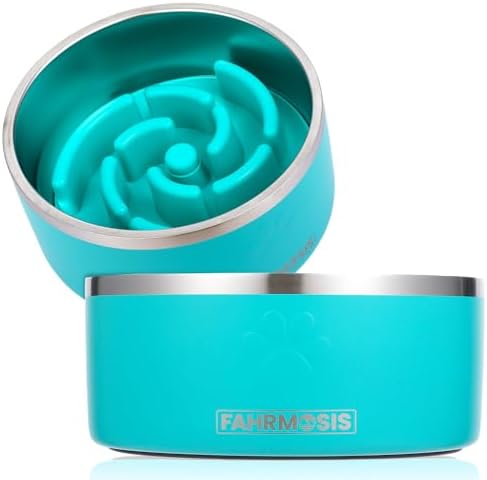 FAHRMOSIS 64 OZ Dog Bowl with Slow Feeder Insert Stainless Steel Pet Water Bowl for Medium & Large Breed Non Slip Rubber Base & Plastic Puzzle Feeder - Teal by Fahrmosis