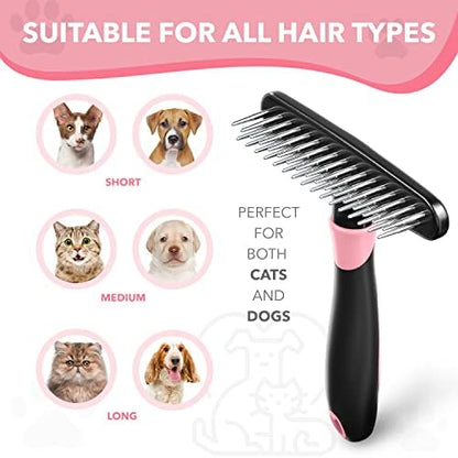 Dog rake deshedding dematting Brush Comb - Undercoat rake for Dogs, Cats, matted, Short,Long Hair Coats - Brush for Shedding, Double Row Stainless Steel pins - Reduce Shedding by 90% (Pink) - Image 3