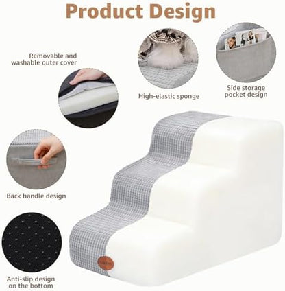 Woochpet 3-Tier Dog Stairs for Beds Foam Ramp Stairs for Couch Light Grey - Image 5