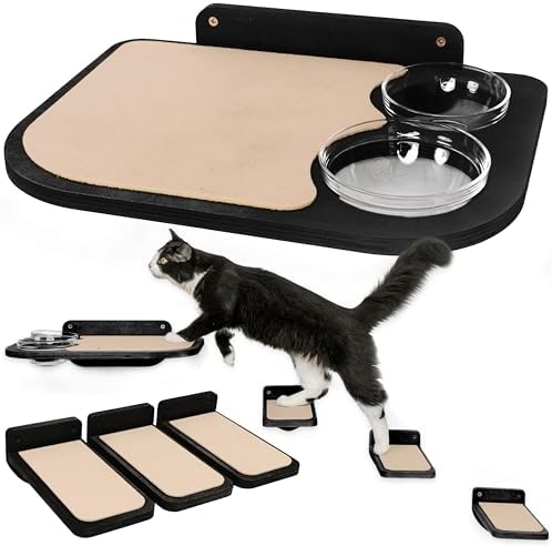 INICIO Cat Shelves - Feeding Shelf with 3 Cat Wall Steps - Natural Wood by INICIO