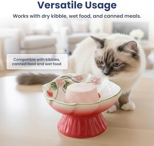 PawsPik Strawberry Blooms Elevated Ceramic Cat Bowl, Red - Image 5