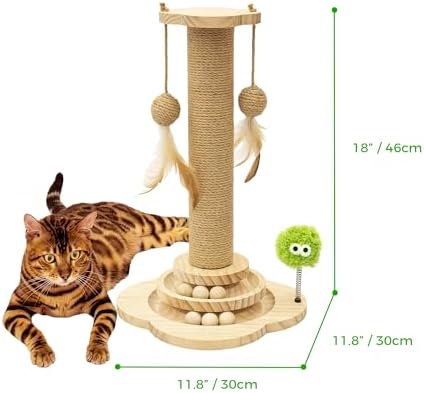 TINYBEAST Wooden Cat Scratching Post for Kittens, 4 in 1 Cat Scratcher Toy with Cat Ball Tracks, 18" Tall Sisal Scratch Post for Indoor Kittens, Interactive Feather Toy and 2 Sisal Hanging Balls - Image 6