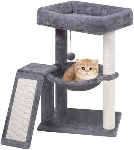 YOUPET Cat Tree with Cat Scratching Post for Indoor Cats, Cat Tower with Scratching Board and Playful Toy Balls, Cat Tree Tower with Cozy Hammock,Grey by YOUPETSER