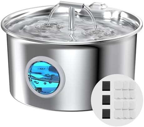 Cat Water Fountain Stainless Steel: Cat Fountain for Drinking with Filter - Pet Water Fountain for Cats Indoor - Automatic Pet Water Dispenser Bowl - 6 Carbon Filters & 3 Foam Filters by UMOCUOY