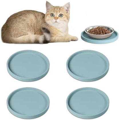 Arespark Pet Silicone Food Mat, 6in x 6in Set of 4 Nonslip Waterproof Feeding Bowl Mat with Raised Edges for Food and Water Prevent Spills, Round Eating Tray for Dog Cat Puppy Kitten (Light Blue) by Arespark