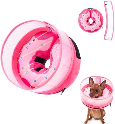 Inflatable Dog Cone Collar for Large Medium Small Dogs, Soft Dog Donut Collar Adjustable Recovery Cone for Pets After Surgery, Extra Enhanced Anti-Licking Guard Shield (Pink Donut, Small) by Mariyago