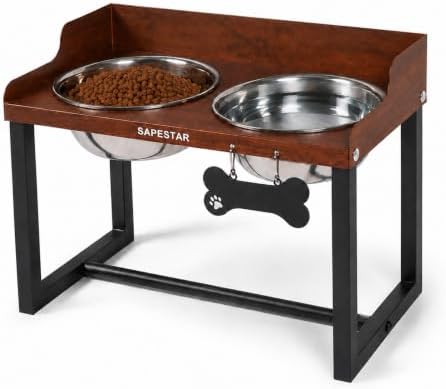 Mess Proof Elevated Dog Bowls for Medium and Large Dogs - Non-Spill Design - 10'' Tall Raised Dog Food Bowl Stand with Two 58oz Stainless Steel Bowls. Brown by SAPESTAR