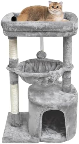 SYANDLVY Small Cat Tree for Indoor Cats, Activity Cat Tower with Scratching Post for Kittens, Modern Cat Furniture with Basket & Hanging Ball for Play Rest, Grey by SYANDLVY