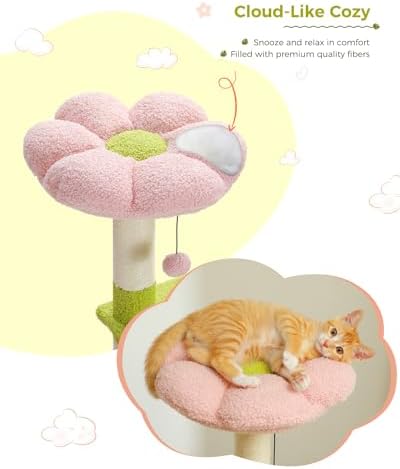 MUTTROS Flower Cat Tree 47.2" Multi-Level Cat Tower with Sisal Covered Scratching Posts, Cute Cat Condo for Indoor Small Medium Cats, Pink Top Perch, Fluffy Ball, Pink - Image 4