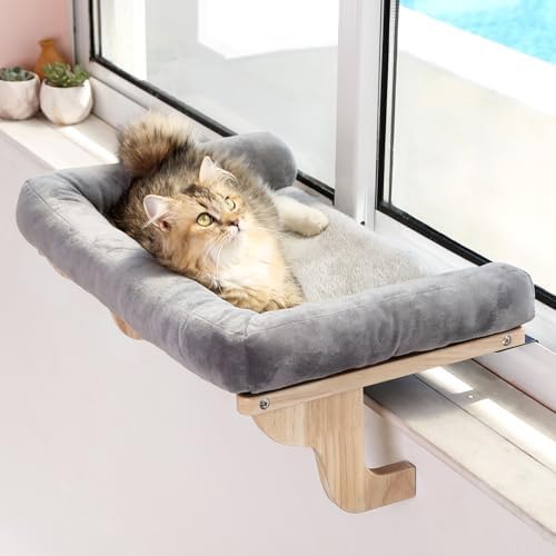 Zakkart Cat Perch for Windowsill with Bolsters (Natural Wood/Gray, XL) by Zakkart