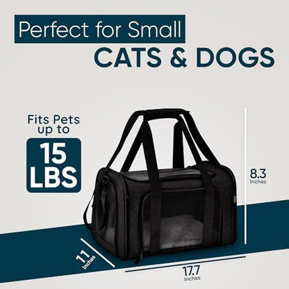 Pet Travel Carrier Bag – Airline Approved Soft-Sided Dog & Cat Carrier, Foldable, Breathable Mesh, Washable Pad – Fits Pets up to 15 lbs – The Pup Quartet (Black) - Image 2